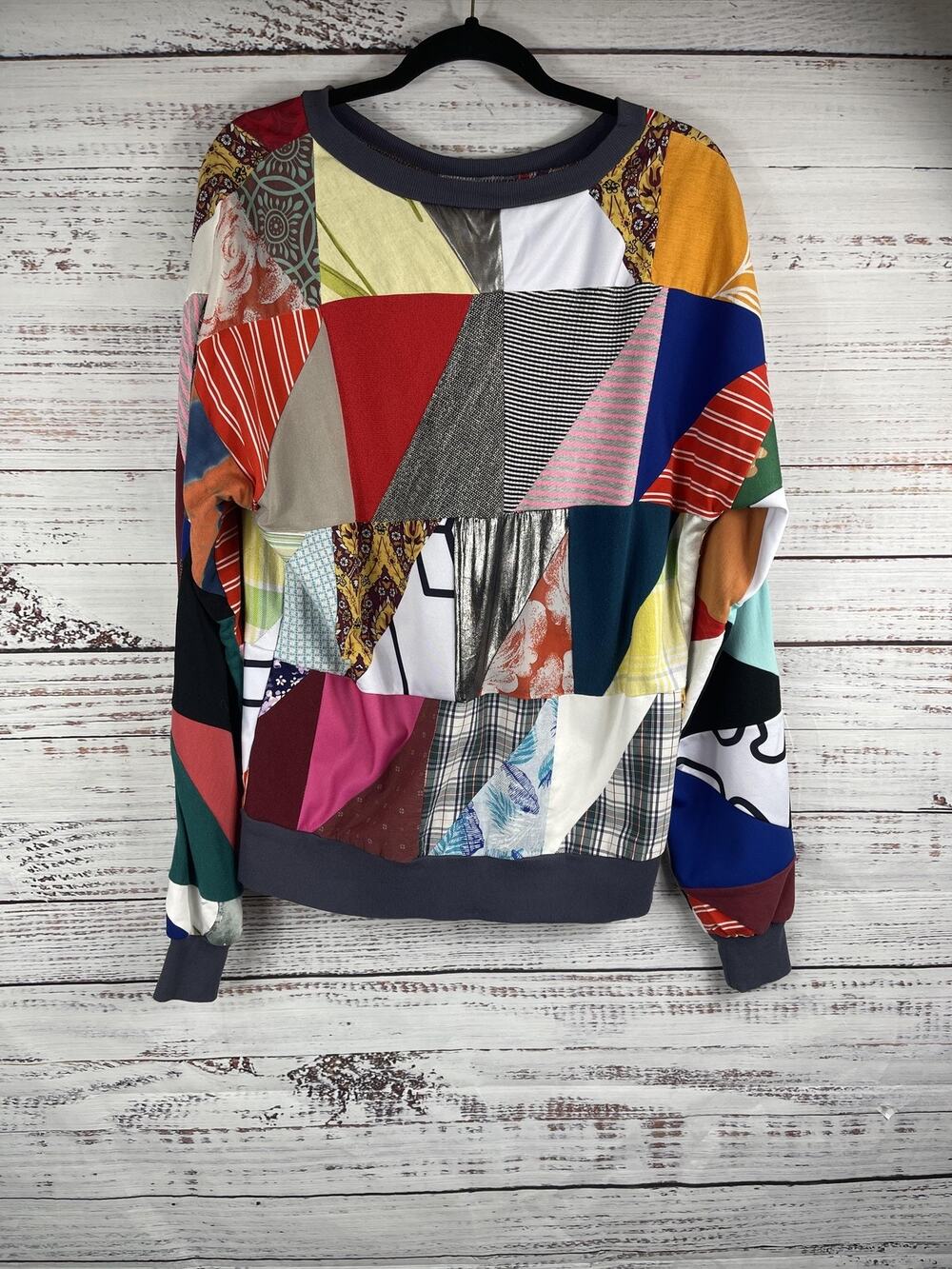 One Shirt Sweatshirt Women's SZ L Patchwork Upcycled Pullover Crewneck Unique
